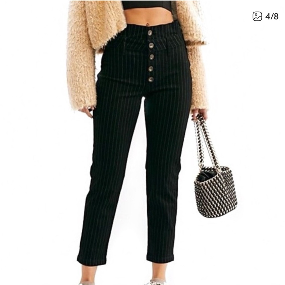 Free People Montella Black Pinstripe Hi-Rise Button-Front Ankle Pants